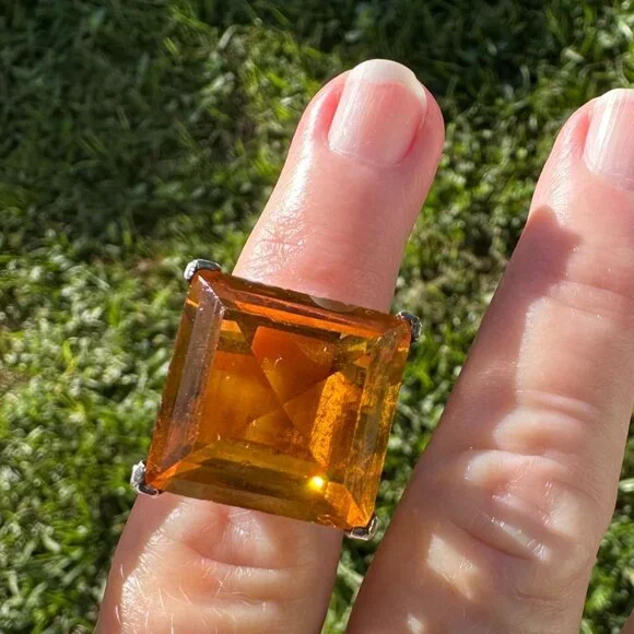 925 Silver Ring Large Amber Glass Stone Size 6.5